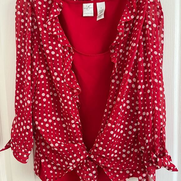 Emma James 2 Piece Set - Red Polka Dot outer Blouse with red tank top underneath - Picture 11 of 16